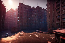 slums, apartment building , sacramento, projects, unity, scriptable render pipeline , red tone, volumetric lighting.