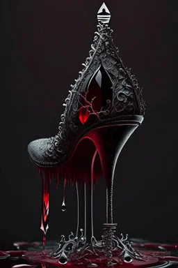 dark fantasy, intricate cover, a whimsical fairytale, shoe made of glass with blood inside and a single drop running over its side