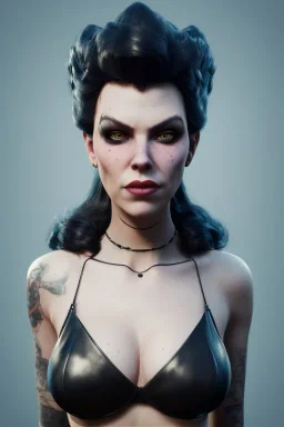 Hannah Waddingham as evil queen in black leather, busty, cleavage, voluptous, rebecca Welton, angry, stern look. character design by cory loftis, fenghua zhong, ryohei hase, ismail inceoglu and ruan jia. unreal engine 5, artistic lighting, highly detailed, photorealistic, fantasy