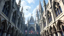 Gothic Architecture Fantasy with pointed arches, ribbed vaults, flying buttresses and stained glass windows