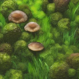 microphotography mushroom growing in a mossy dense lush green woods, high definition, detail, HD, 8k, realistic, 3d rendering, blender, photography, fisheye, bulge, tilt shift blur