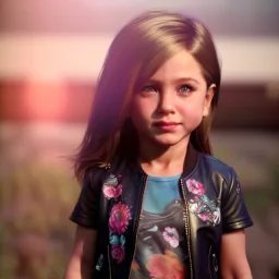 Jennifer aniston toddler, full body, leather jacket, floral shirt, floral skirt, shoe, soft skin, dramatic lighting, hyper realistic