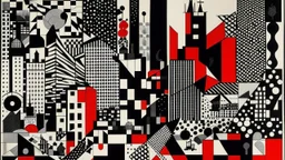 An abstract and geometric illustration by Malevich and Kuniyoshi of a black and white city with an anarchist red and back flag.