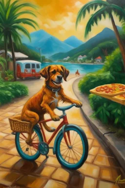 oil painting with a dog biking with a pizza hawaii