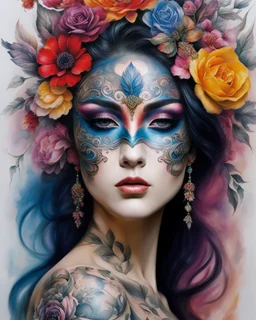 A length image full of tattoos art face beauty colors makeup,beautiful vanice opera mask tattoos painting full of art flowers pictures colors