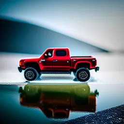 photorealistic shot, Toy R C truck, monotone color palette, sharp focus, puddle reflection, refraction, mist on the horizon, shadowcast, detailed and intricate, intense cinematic composition