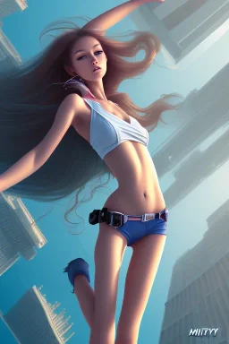 Girl falling off a building, top view, long hair, cute, beautiful