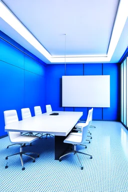 Meeting room with blue walls and white floor