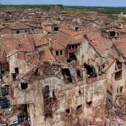 uma cidade medieval em ruínas com várias casas destruidas e deteriorados pelo tempo, o lugar possui uma coloração avermelhada por conta do fogo