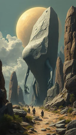 Bosch painting style giant aliens carrying a big stones building the paramount