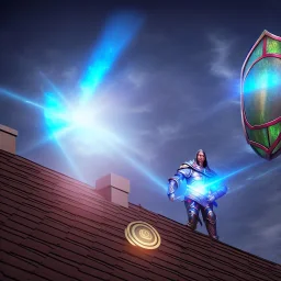 Rooftop medium view of a Giant Paladin projecting a hologram of a shield covering a Home, 8k resolution, high-quality, fine-detail, detailed matte, volumetric lighting, illustration, greg rutowski,