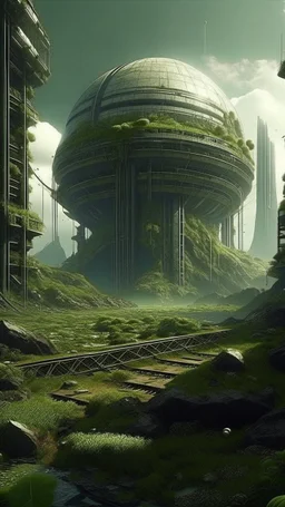 sci fi planet, large futuristic city, brutalist, overgrown