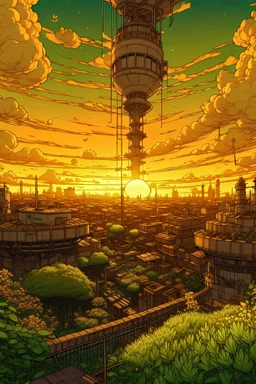 overhead shot, scify city, steampunk, evening time , sun set, plants, grasses, orange, yellow sky, dynamic white clouds, magnificent, vibrant, hdr, 4k, 8k, anime style, vector art, low angle shot, aesthetic, Mysterious sketch