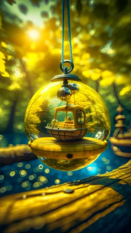 yellow submarine inside a boat crystal ball hanging from a tree in the mountain , shot on Hasselblad h6d-400c, zeiss prime lens, bokeh like f/0.8, tilt-shift lens 8k, high detail, smooth render, down-light, unreal engine, prize winning