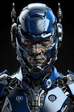 Cyborg armor with helmet on head serious face