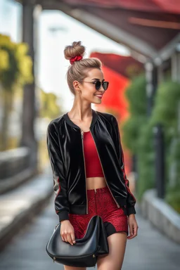 full body ,young woman with clear eyes, messy bun hair, bouncing looking back, soft velvet red/black two piece printed outfit, morning sun, cute, full body, ultra realistic, a variety of small details in the background, hyper realistic, surprised, sweet smile, 8k, HDR, 500px, by Koos Roos