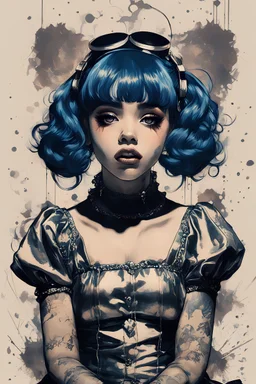Poster in two gradually, a one side the Singer Melanie Martinez face, full body, sit pose, painting by Yoji Shinkawa, darkblue and sepia tones,sinister, detailed iridescent, metallic, translucent, dramatic lighting, hyper futuristic, digital art, shot with Sony Alpha a9 Il and Sony FE 200-600mm f/5.6-6.3 G OSS lens, natural light, hyper realistic photograph, ultra detailed -ar 3:2 -q 2 -s 750,malevolent goth vampire girl face and other side