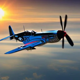 P-51 mustang flying in the sunset