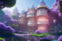 a magical crystal flower lys bougainvillier, blue gold house indian palace castle in the woods, , concept art, smooth, sharp focus, illustration, 8k, splash art, wallpaper, key visual