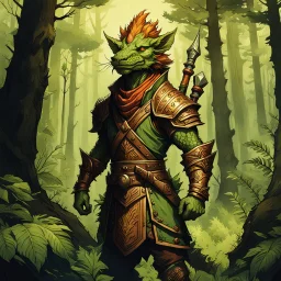 create a full body portrait of a kobold man , with highly detailed, sharply lined facial features, in the deep forest of Brokilon , finely inked, in rustic colors, 4k in the style of Peter Mohrbacher