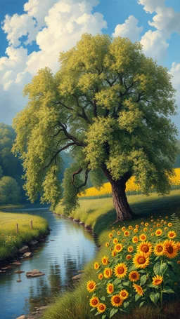 Bosch painting style, beautiful tree by the river , a field of sunflowers on both banks of the river