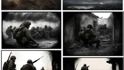 Masterpiece1:5)(Fineart), (award-winning:1.5), highest quality, (ultra realism:1.5) war journalism(,(by Tim Page and Hoorst Faas:1.5)),(Eastern Ukraine:(panel one:the moment after a battle ends, horrors of war, wounded men),(2nd panel, cinematic shot of men sitting in trench with 1000 yard stare (focus on their eyes:1.5)),(the third panel shows troops tired but hyper alert), (the fourth panel shows the sky is filled with incessant, fire and smoke everywhere,)