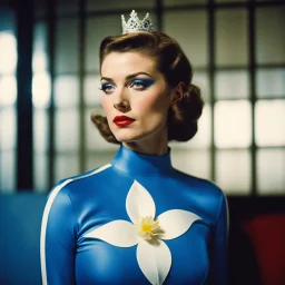 [bokeh color photo by Helmut Newton] 1950s photorealistic Jeanne-Marie Beaubier as Aurora wearing a blue and white spandex superhero costume with a royal lily flower symbol on the chest, sitting in a police station.