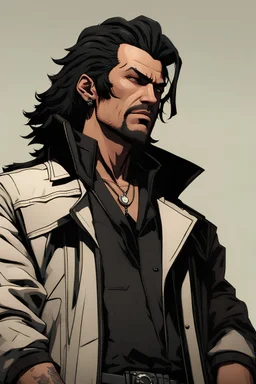 cyberpunk 2077 white male cult leader. Shoulder length black hair, charming, intelligent. Wears a black trench coat, black jeans and boots, and a black t-shirt. Looks a lot like Vincent Volaju from cowboy bebop.