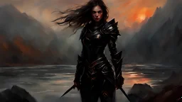 A formidable warrior girl in black armor, on the background Amazing gloomy landscape, flooded with sunset, mountains, trees, fabulous scary hero, , juicy emotions, painting, dark fantasy, gloomy day, dark world, portrait, by Alyssa Monks & Raymond Swanland & Anna Razumovskaya & Stephan Martiniere