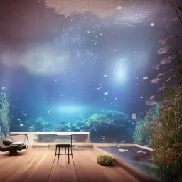 a gorgeous, stunning underwater room with glass wall, livingroom, dark wood floor, foliage, ocean marine life, 8k resolution, high-quality, fine-detail, iridescent, intricate, digital art, detailed matte, volumetric lighting, illustration, 3D octane render, brian froud, howard lyon, selina french, anna dittmann, annie stokes, lisa parker, greg rutowski, George Grie, Ben Goossens, Igor Morski