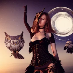 hyper realistic, young russian girl, dark air. blue eyes. with owl. tatoos on skin. dressed in leather. bra with carved leather and metal. Tintoretto. salvador dalì style. high details, meteor shower. 4k, unreal engine