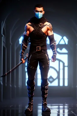 muscular ninja assassin, athletic build, wearing black and gray baggy pants with pockets, dark hood and balaclava mask, buckles, straps, pockets, daggers, tan skin, big boots, dark hazel eyes, eyes are both in proportion, 3/4 look, short brown hair, standing, dark cobblestone alley, one halo white light behind head, non photorealistic rendering in the art style of j.scott campbell