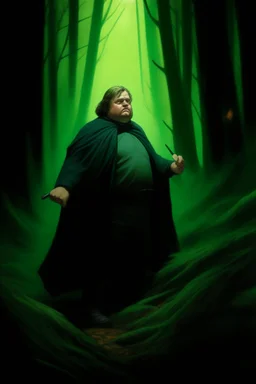 1970's dark fantasy cover dnd style oil painting of obese fat luke skywalker with green light saber into the woods with minimalist far perspective