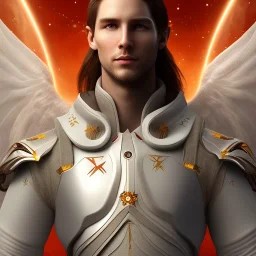 The first image is of the main character's full body. He’s to look like a powerful angel, symbols on his hands glowing, His background should be that of space above with stars and standing on a paradise of a planet. His belt can transform into a white dragon.