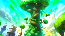 Fantasy digital illustration: evil colossal giant falling from the tall beanstalk from the sky