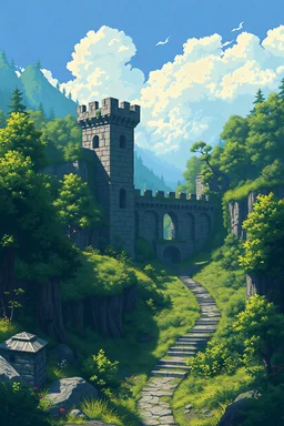 an ancient degraded fortress which goes hidden and surrounded by lush nature in pixel art