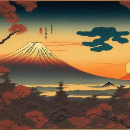 Ukiyo-e Style , mount fuji, sun set