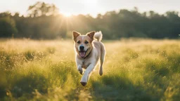 ((cheerful dog, running, grassy field), sunny, bright, (golden hour lighting), soft focus, vibrant colors), polaroid, photograph, professional photograph, (high resolution, cinematic composition, telephoto lens)