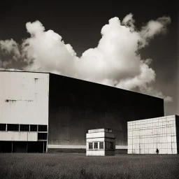 landscape ,minimal ,Photo with an old analog camera. Black and white. Part of a strange dream. white clouds wide plain The big building between them. like pink floyd landscape ,Abandoned factory ,from a weird dream captured with the first model of dreamrecorder by gnom industries inc