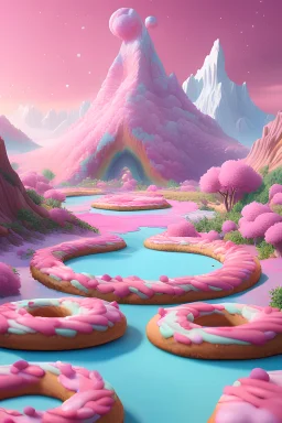 a psychedelic realm with rolling plains made out of donuts, mountains made out of donuts, and plant life made out of cotton candy, in the style of wlop and namek, illustration, epic, fantasy, hyper detailed, smooth, unreal engine, sharp focus, ray tracing