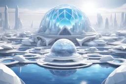 ville extraterrestre white futuriste, great white and blue facette cristal dome, vaisseaux spatiaux, small lac, 4k, hyperréaliste