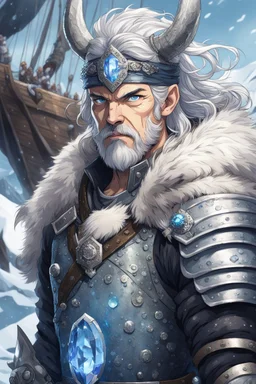 in anime style,1older man, a older man with blue eyes and black hair man in silver Viking armor with fur around the neck with blue crystal on his chest holding an axe in his hands standing on a pirate ship in the artic, warrior in anime style,