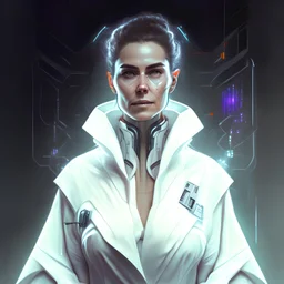portrait of a cyborg woman cyberpunk doctor wearing white robe