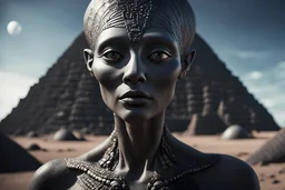 Hyperrealistic medium shot, low angle portrait of alien beauty woman. Her face has the features of the mohais of Easter Island on an unknown planet. He has stone skin black as coal. Behind her, you can see the alien planet landscape and far away a stepped pyramid shape under construction. High detail. Trendy cinematography. 32K. extremely detailed. Professional photography. seductive lighting.cinematography, by pascal blanche rutkowski, hyperrealism painting