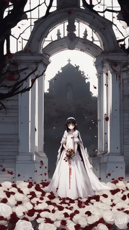 صورة تقريبية تظهر فتاة بشعر أسود, ترتدي فستان زفاف ملطخ بالدماء,معلق فوق قبر,الأرض مليئة بالورود البيضاء.صورة سينمائية
