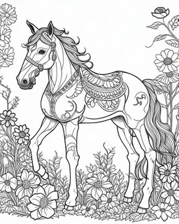 outline art for halloween coloring pages with horse and flowers, white background, Sketch style, full body, only use outline, clean line art, white background, no shadows and clear and well outlined, coloring page for kids, zombie