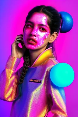 Rosalía artist, Ultra Realistic image, waist up portrait, black eye line, sweet angry face, geisha hair style, spray line make up, geometric, gold, big rings piercing, led ornament, bubble latex coat, inflatable, cold, led lights, geometric, neon, pink, blue, gold, vibrant color, highly detailed, art stations, concept art, smooth, unreal engine 5, god rays, ray tracing, RTX, lumen lighting, ultra detail, volumetric lighting, 3d, finely drawn, high definition, high resolution.