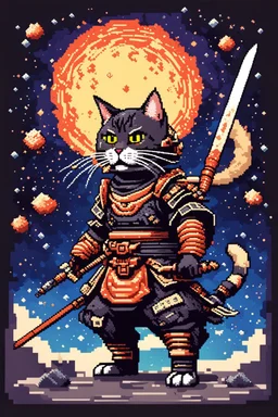 A cat samurai in the space with a supernova exploded behind, 8bits, pixel art,