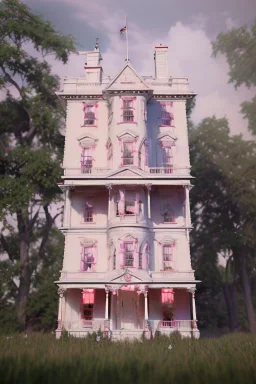 Victorian white house with pink flowers, in the style of Camilla d'Errico, hyper detailed, beautiful, complex, trending on artstation, cinema4d, cryengine, national geographic photo, chiaroscuro