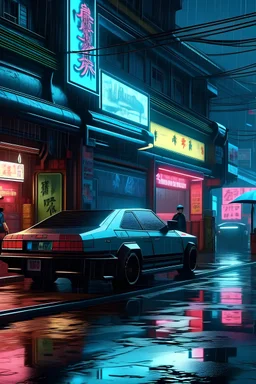 a car parked on the side of a wet street, cyberpunk strip clubs, inspired by Edward Okuń, website banner, hyper real photo, inspired by Gabrijel Jurkić, anamorphic, wet market street, moscow, vancouver, screenshot from the game, by Adam Pijnacker, neon aesthetic.